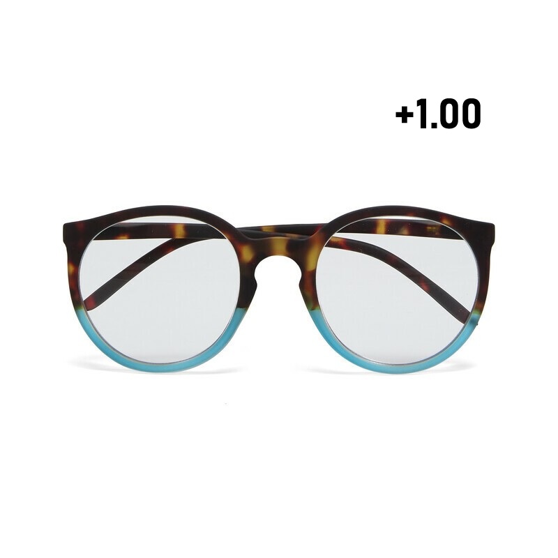 Occhiale da lettura con montatura tonda di colore havana blu, lenti da lettura +1.00 diottrie, include astuccio e panno in microfibra